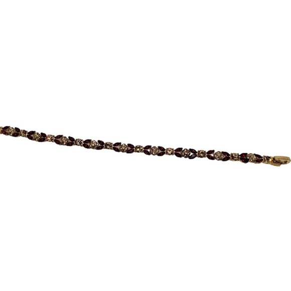 Vintage MONET Bracelet 7 1/2" Red Clear Crystals Gold Tone Metal Link Signed - Picture 4 of 11